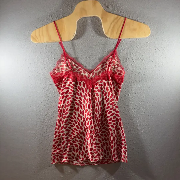1566 | Victoria's Secret Satin Lip Print Lace Trim Camisole Top Coquette Red XS‎ - Image 2
