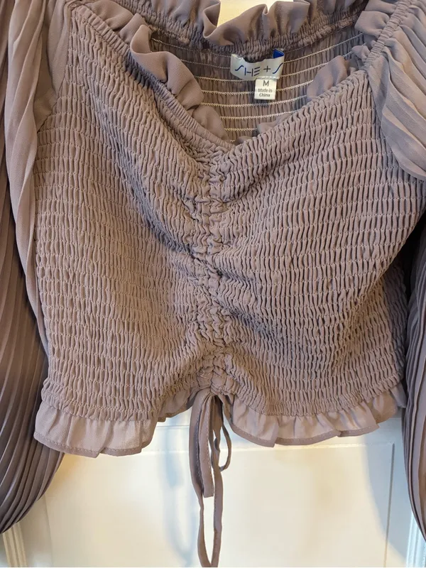 She + Sky Mauve Smocked Peasant Crop Top with Tie Front - Image 2