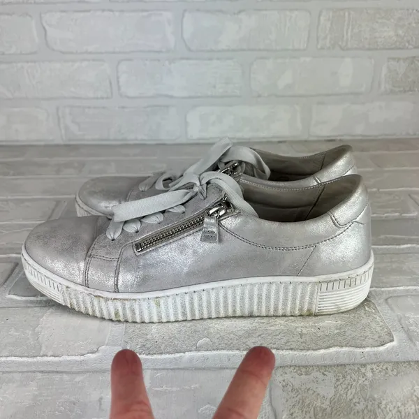 Gabor Platform Sneakers Womens 8 Silver Leather Metallic Lace Up Zip Comfort - Image 13