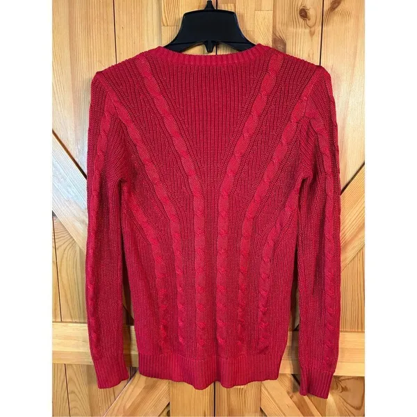 Lauren Ralph Lauren Cable-Knit V-Neck Sweater Lipstick Red Size XS (0961) - Image 5