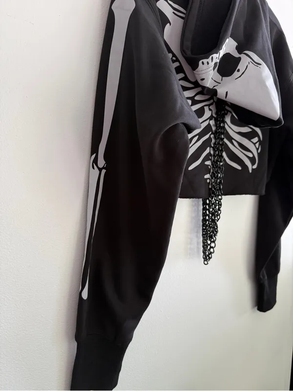 Dolls Kill Trickz N' Treatz Flesh N' Bones Reflective Skeleton Hoodie w Chains S - Image 7