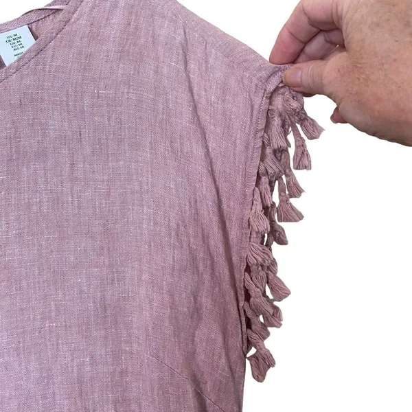 Antibes Blanc Linen Pink Fringe Sleeve Dress Size Medium - Image 3