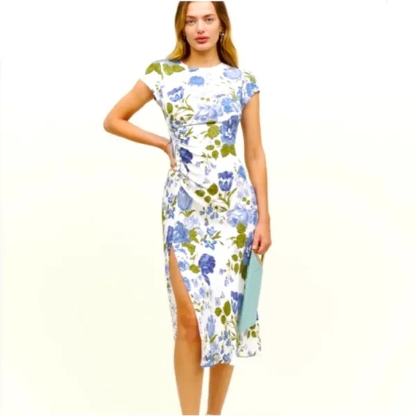 NWT Reformation Blue Floral Midi Dress Slit Ruched Cottagecore Wedding Guest - Image 4
