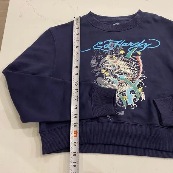 NWT Y2K Ed Hardy Cropped Crewneck Sweatshirt Navy‎ Women's Small - Image 7