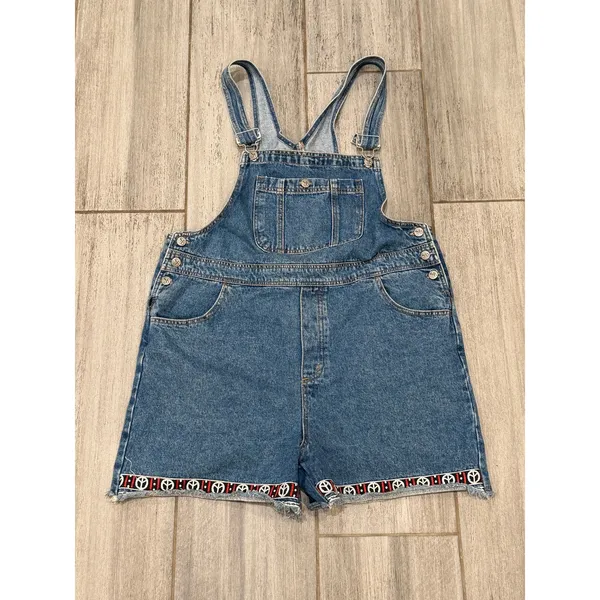 Santa Barbara Denim Shortalls Womens Large Blue Peace Symbol Streetwear Y2K - Image 2