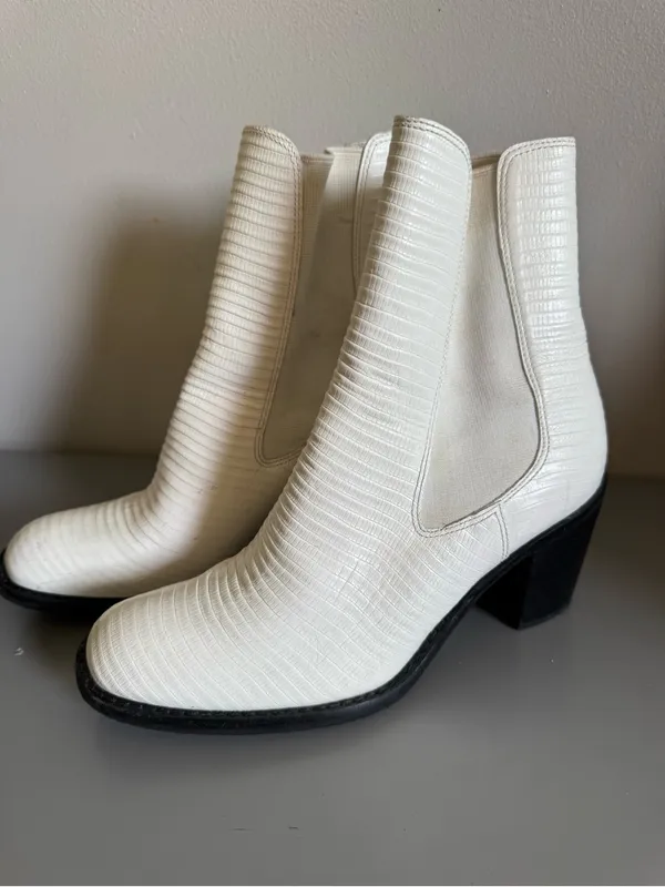 Women’s White Textured Chelsea Ankle Boots with Block Heel - Image 4