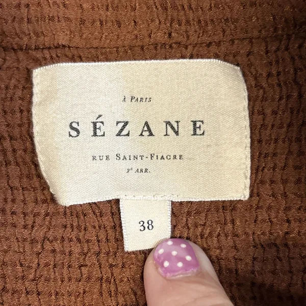 Sézane Selena Tiered Mini Dress Womens 38 US 6 Brown Tie Neck Tunic Top Stretch - Image 3