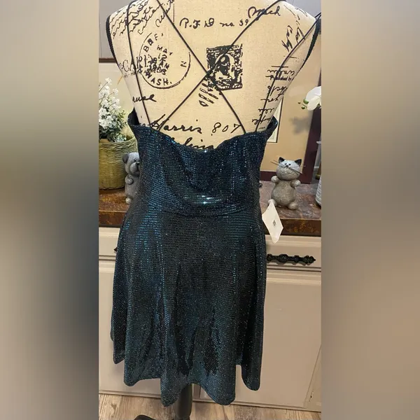 NWT B Darlin Blue Sequin Sparkly Cowl Neck Mini Dress - Image 2