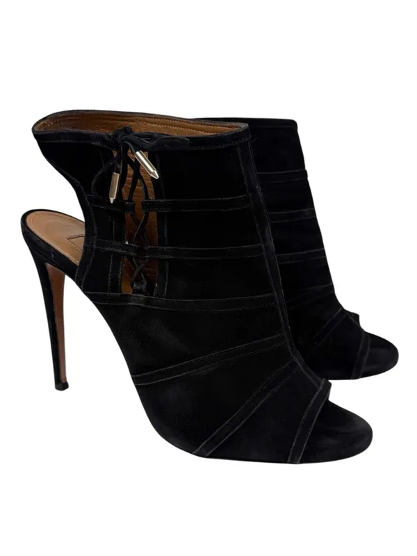 Aquazzura Oui Baby 105 Black Suede Lace Up Peep Toe Stiletto Bootie Size 39/US 9 - Image 6
