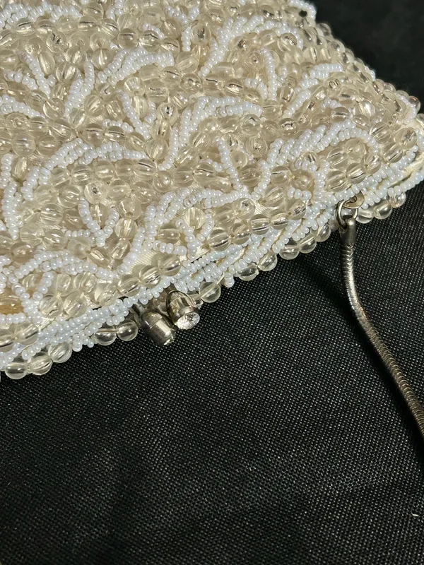 Ivory Beaded Evening Shoulder Hand Bag with Chain Strap Rhinestone Accent - Image 10