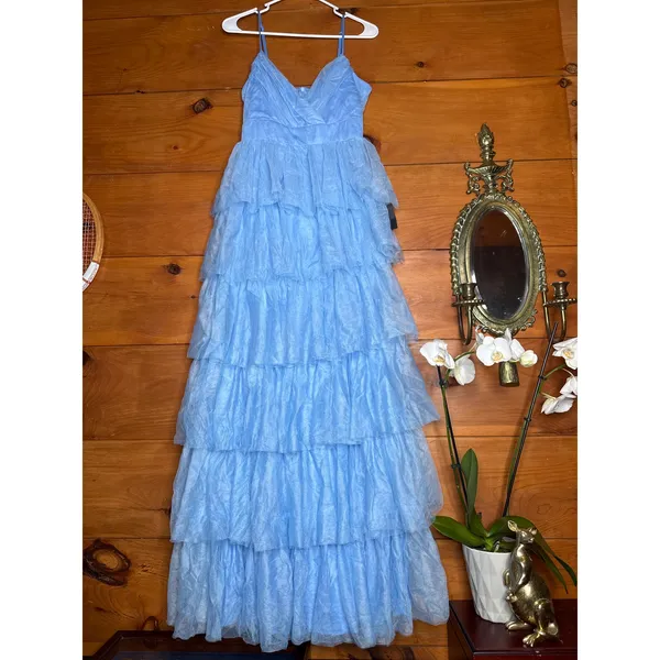 NWT Lulus Rule the Runway Light Blue Tulle Surplice Tiered Maxi Dress Gala Sz M - Image 2