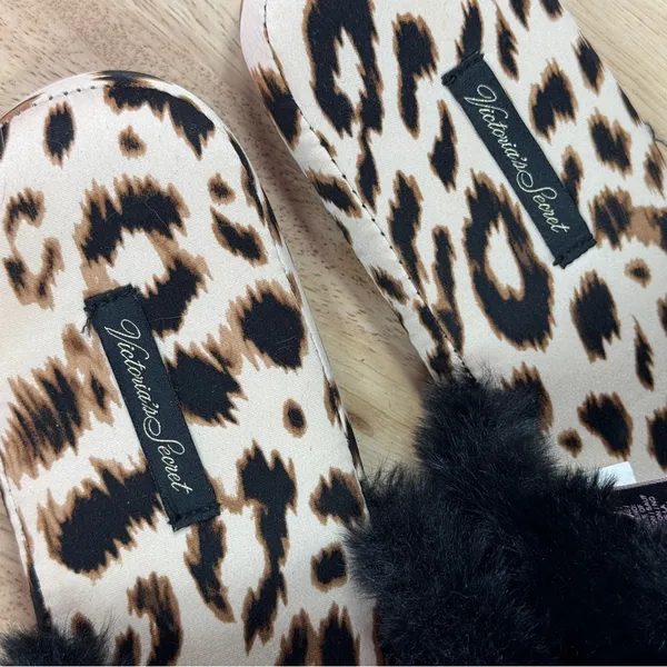 Victorias Secret Leopard Print Faux Fur Trim Satin Slippers‎ Tan Black Medium - Image 10