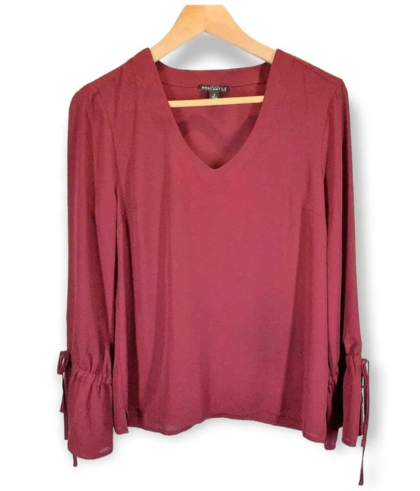 J. Crew Mercantile | Size 4 | Burgundy Red Top with Ruffle Bell Tie Sleeves - Image 3