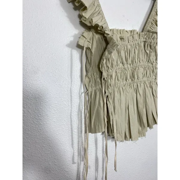 Free People Beige Ruffle Sleeve Drawstring Cropped Blouse Cotton Size S - Image 5