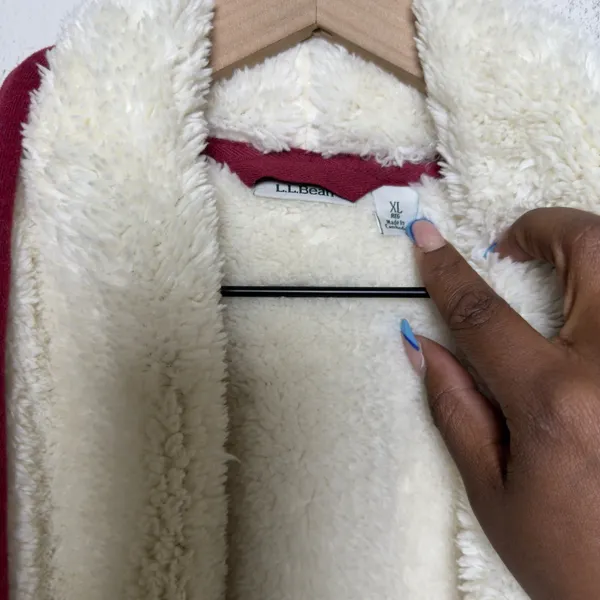 LL Bean Women‎ Cotton Cardigan XL Red Sherpa Lined Open Front Jacket - Image 3