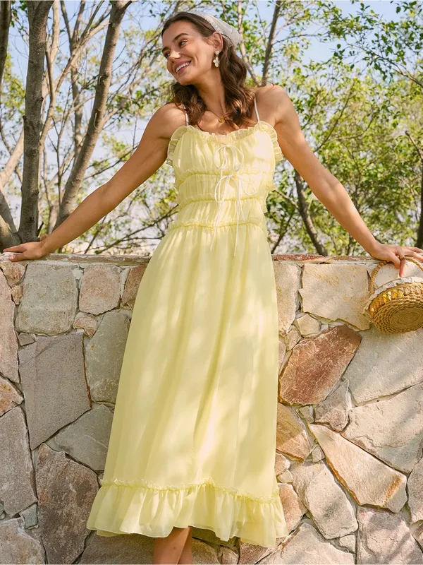 Rihoas Yellow Sweetheart Neck Ruffle Midi Dress - Image 6