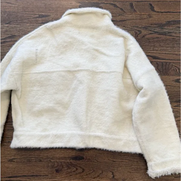 SHACI BLUE Ivory Fuzzy Trucker Sweater Jacket Oversized Distressed S Small 2655 - Image 3