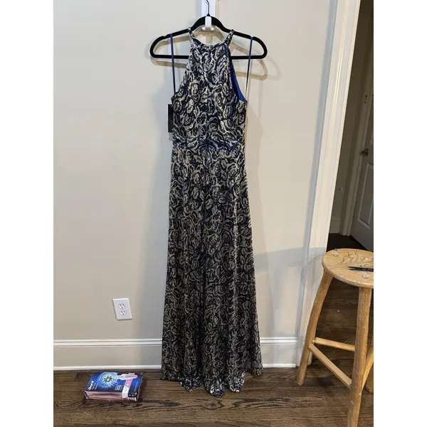 Betsy‎ And Adam Metallic Floral Jacquard Dress Size 2 Slit Halter - Image 6