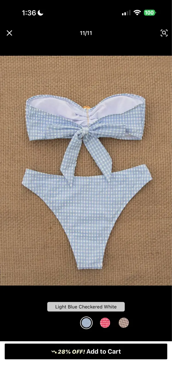 SheIn Women's Plaid Strapless Wireless Bandeau Bikini Set - Image 3