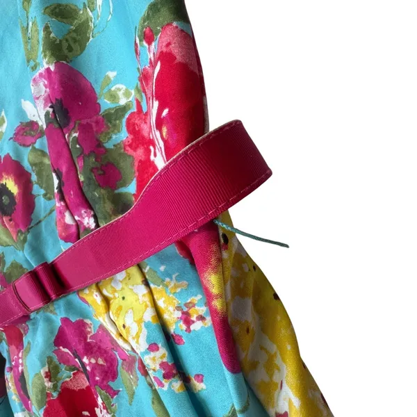 Chetta B‎ Floral Turquoise Fit Flare Dress Size 6 Pink Belted Sleeveless Garden - Image 5