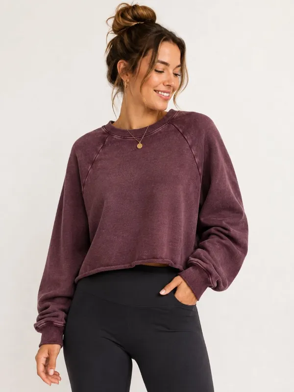 JoyLab Burgundy Acid-Wash Cropped Sweatshirt Women’s M - Image 2