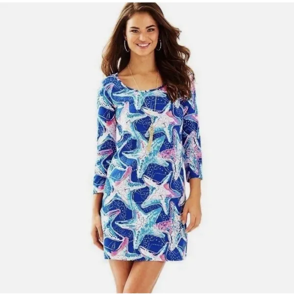 Lilly Pulitzer Cotton Beacon Dress Indigo‎ Star Struck Blue Pink Starfish Small - Image 2