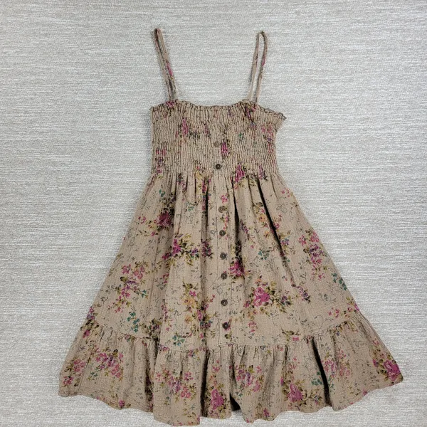 VTG Rachel & Chloe Smocked Dress Womens S Tan Floral Convertible Straps Cottage - Image 8
