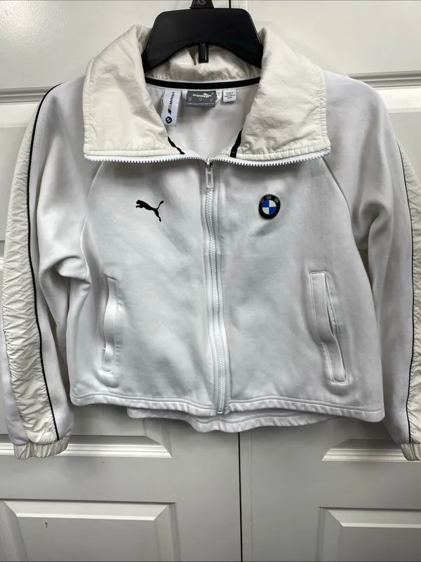 PUMA Jacket Womens BMW Motorsport Full Zip Pockets Racing Crop XS White Extra S - Image 2