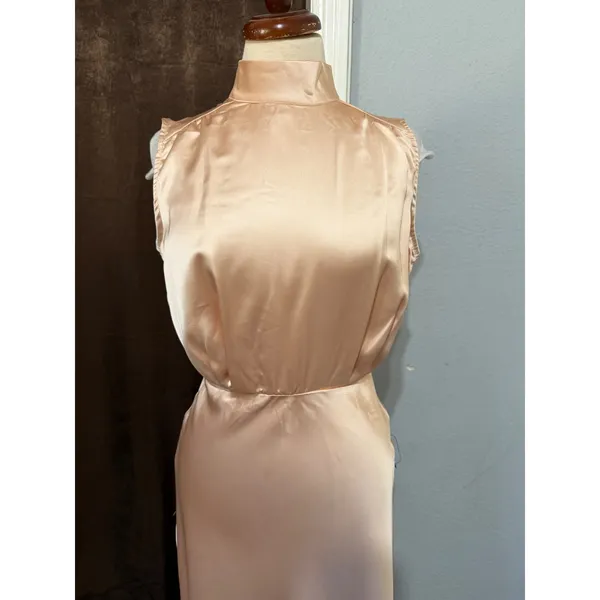 Lulus Maxi Dress S Champagne Satin Mock Neck Sleeveless Side Slit Rose Gold Prom - Image 17