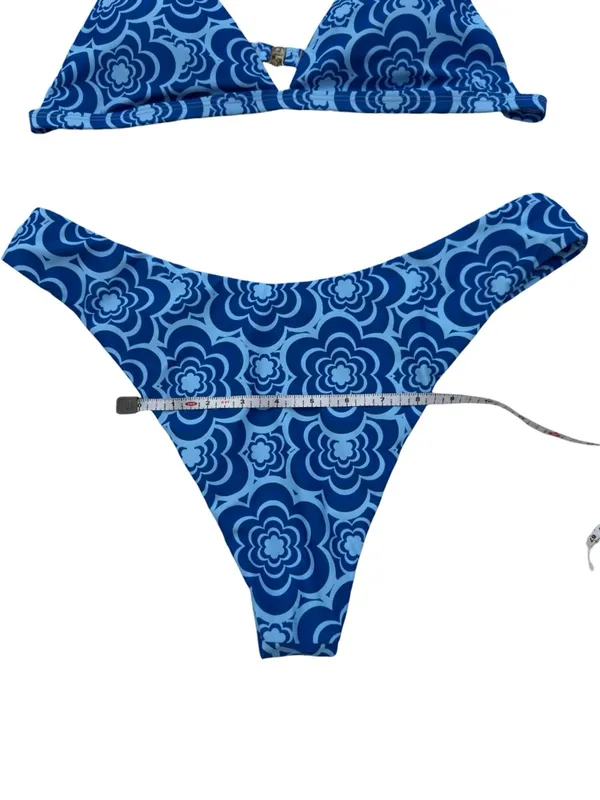 Blue Retro Floral Cheeky Bikini Set XL High Leg Triangle Swimwear Y2K Boho Beach - Image 8