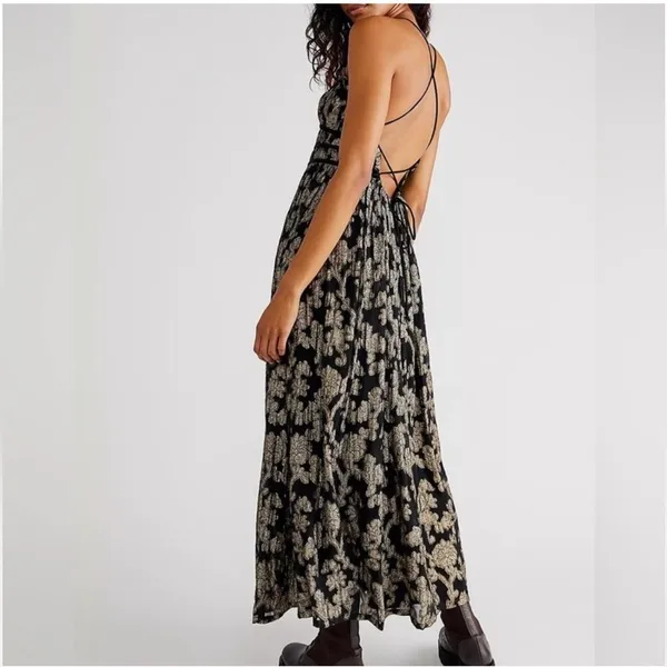 Free People Size S‎ Charlie Bustier Maxi Dress Black Gold Metallic Whimsigoth - Image 13