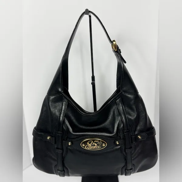 GUCCI Vintage BLACK LEATHER 85TH ANNIVERSARY GG MONOGRAM HOBO BAG - Image 14