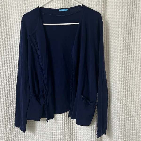 J. McLaughlin Marie Navy Blue Fringe Open Front Cardigan Sweater Pockets XL - Image 5