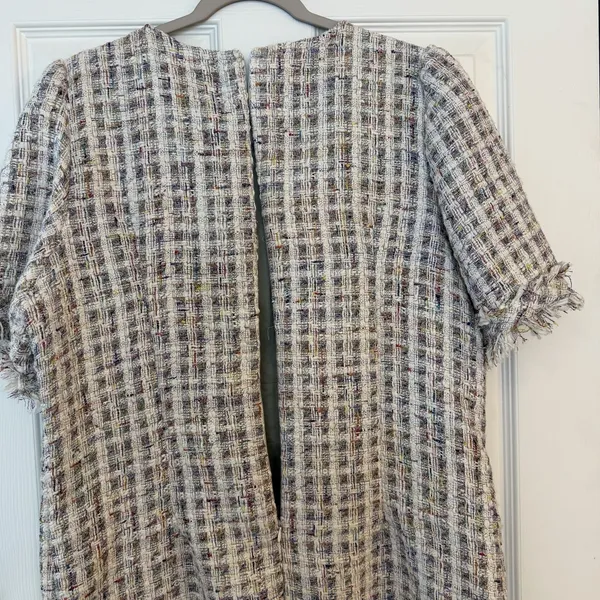 POL Tweed Dress LG White Colorful Plaid Fringe Button Detail Business Dressy‎ - Image 7