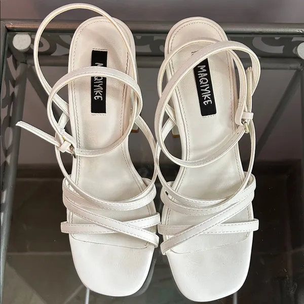White Strappy Platform Ankle Strap High Block Heel Sandals Size 6 - Image 3
