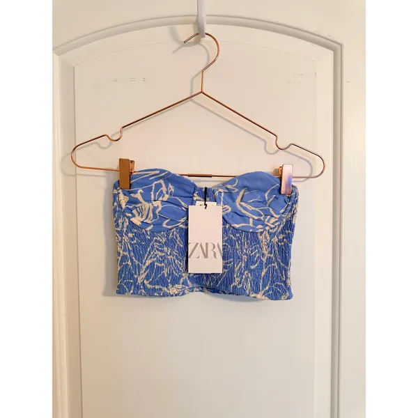 Zara Bustier Top Women Small Blue Floral Smocked‎ Strapless Linen Blend NWT - Image 2