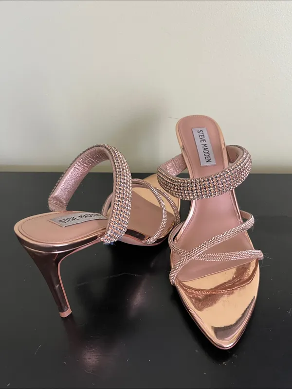 Steve Madden Rose Gold Crystal Strap Camina Slide Heels - Image 9