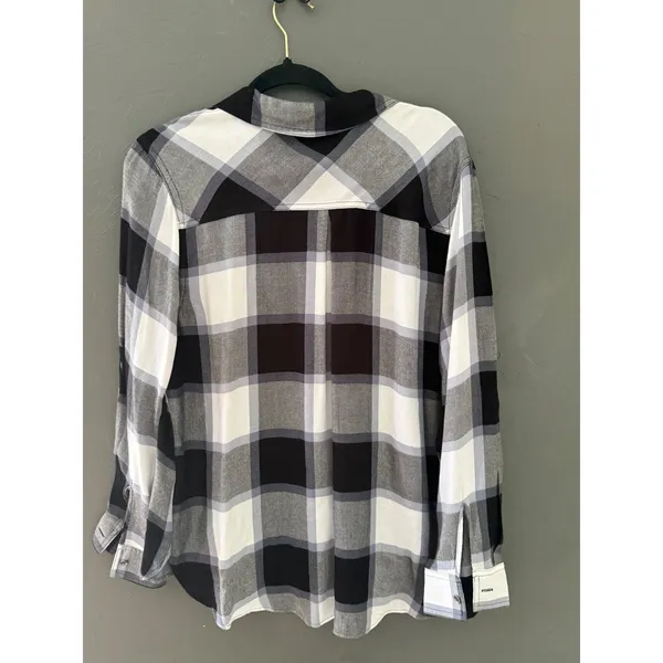 Rock & Republic Womens Black White Plaid Button Down Rayon Shirt Large Fall - Image 4