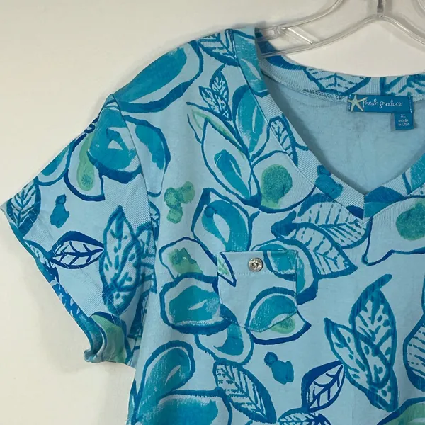 Fresh Produce Womens XL Blue Floral V-Neck Short Sleeve Cotton‎ T-Shirt Made USA - Image 7