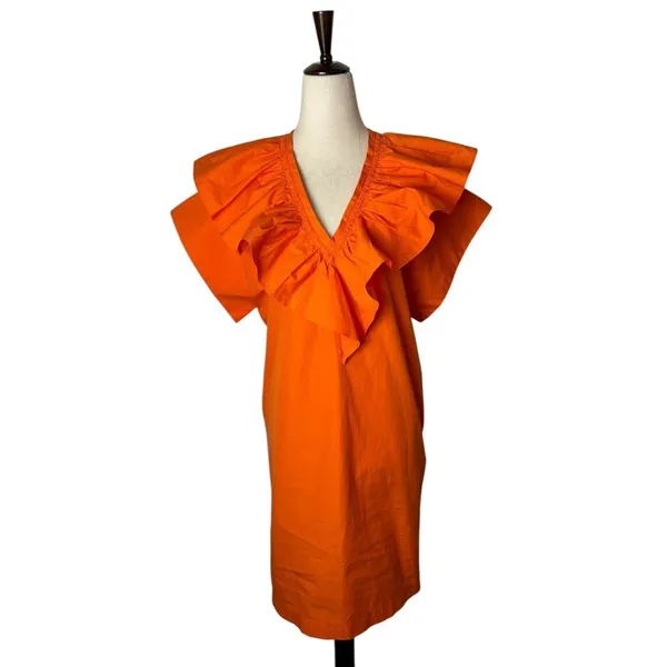 Tela Dress Women XS Orange Cotton Poplin Ruffle V-Neck Cap‎ Sleeve Shift Mini - Image 2