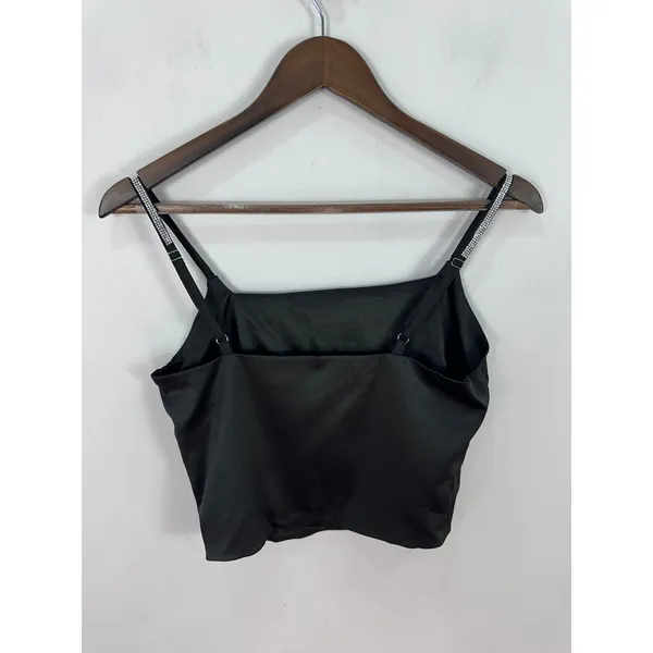 LYANER Camisole‎ Top Womens Medium Black Rhinestone Strap Satin Crop Party Club - Image 4