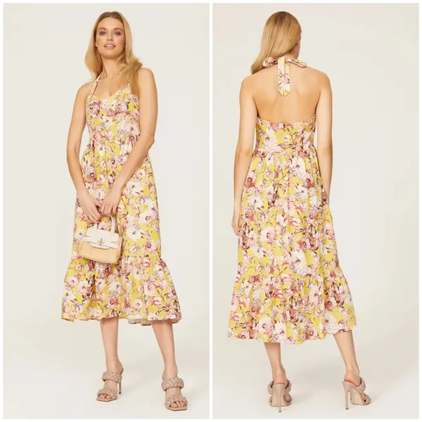 Bardot Labella Midi Dress Yellow Floral Size 6 Linen Bustier Halter Vintage Vibe - Image 2