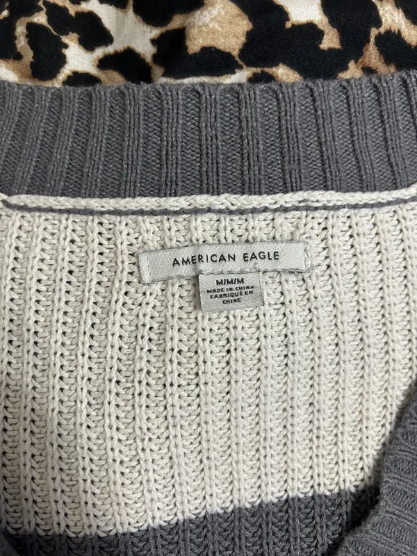 American Eagle Outfitters Striped V-Neck Cropped Sweater in Cream and Gray - Image 2