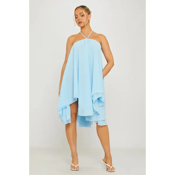 Light Blue Chiffon Halter Flutter Babydoll Asymmetric Mini Dress S - Image 2