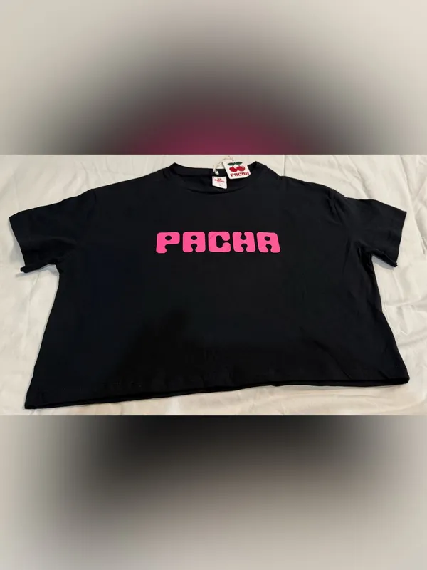 PACHA Black Crop Tee with Pink Logo Size S - Image 2