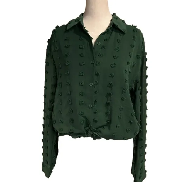 Forest Green sheer button down long sleeve blouse with textured dots - Image 7