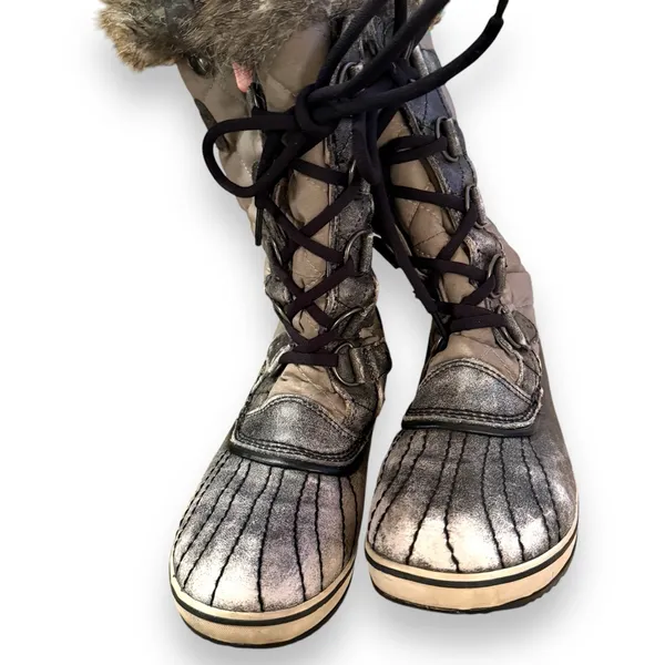 Sorel Tofino Tall Gray Waterproof Lace Up Distressed Faux‎ Fur Snow Boots Sz 7.5 - Image 3