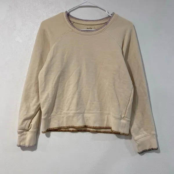 Madewell Cream Sweatshirt Small Contrast Stitch Thumbhole Pullover - Image 3