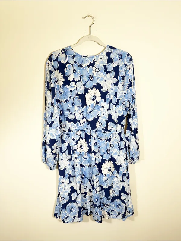 NWOT Old Navy Blue Floral Long Sleeve Defined Waist Faux Wrap Mini Dress Large - Image 4