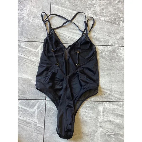 Victoria's Secret Black Mesh Panel Strappy Back Bodysuit L Large Gold Hardware - Image 5